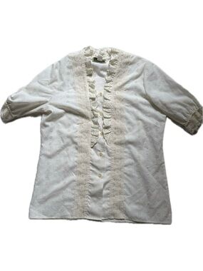 Women's Vintage Ivory Eyelet Ruffle Button-Up Blouse